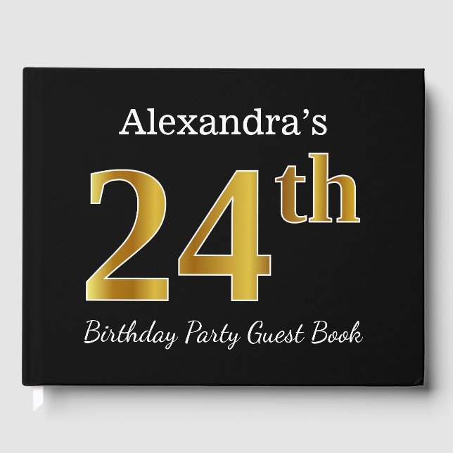 Black, Faux Gold 24th Birthday Party + Custom Name Guest Book (Front)