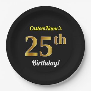 Black, Faux Gold 25th Birthday + Custom Name Paper Plate