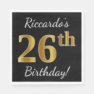 Black, Faux Gold 26th Birthday + Custom Name Napkin