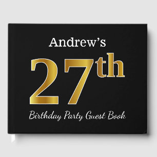 Black, Faux Gold 27th Birthday Party + Custom Name Guest Book