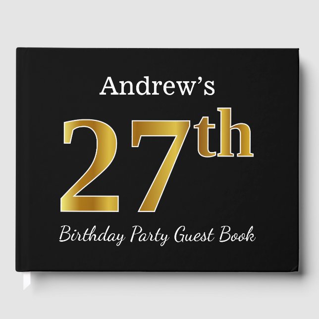 Black, Faux Gold 27th Birthday Party + Custom Name Guest Book (Front)