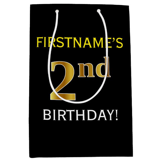 Black, Faux Gold 2nd Birthday + Custom Name Medium Gift Bag (Front)