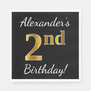 Black, Faux Gold 2nd Birthday + Custom Name Napkin