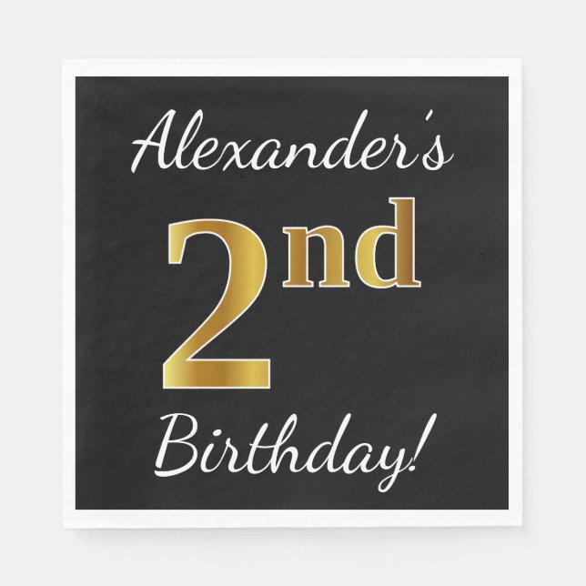 Black, Faux Gold 2nd Birthday + Custom Name Napkin (Front)