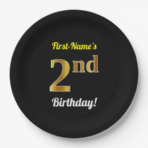 Black, Faux Gold 2nd Birthday + Custom Name Paper Plate