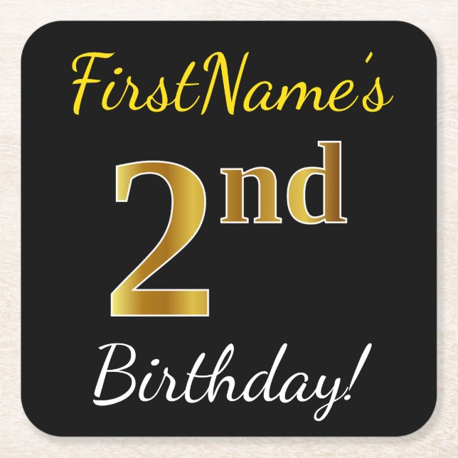 Black, Faux Gold 2nd Birthday + Custom Name Square Paper Coaster (Front)