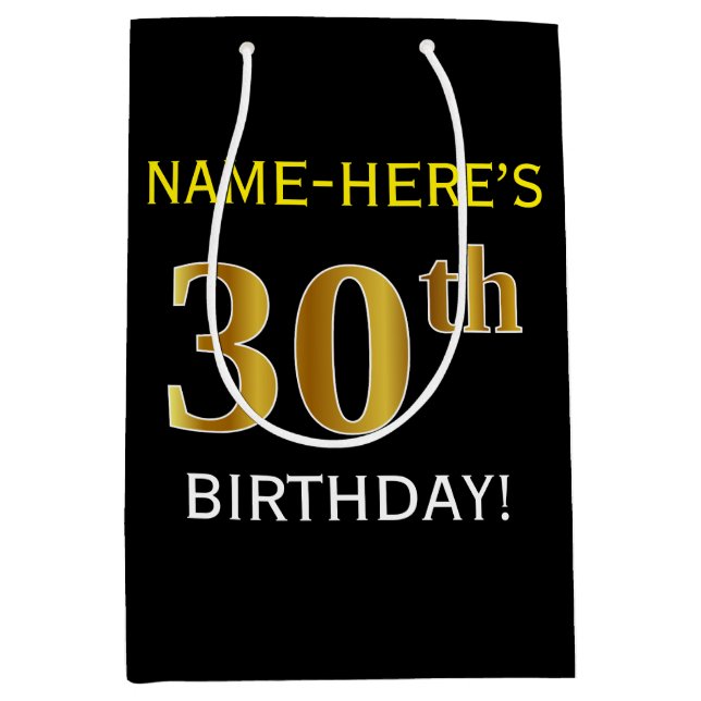 Black, Faux Gold 30th Birthday + Custom Name Medium Gift Bag (Front)
