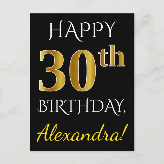 Black, Faux Gold 30th Birthday + Custom Name Postcard (Front)