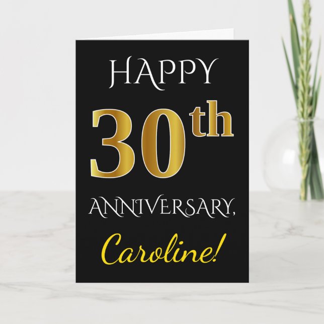 Black, Faux Gold 30th Wedding Anniversary + Name Card (Front)