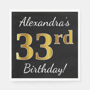 Black, Faux Gold 33rd Birthday + Custom Name Napkin