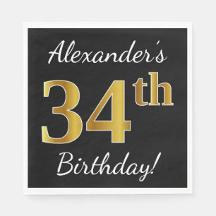 Black, Faux Gold 34th Birthday + Custom Name Napkin
