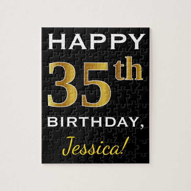 Black, Faux Gold 35th Birthday + Custom Name Jigsaw Puzzle (Vertical)
