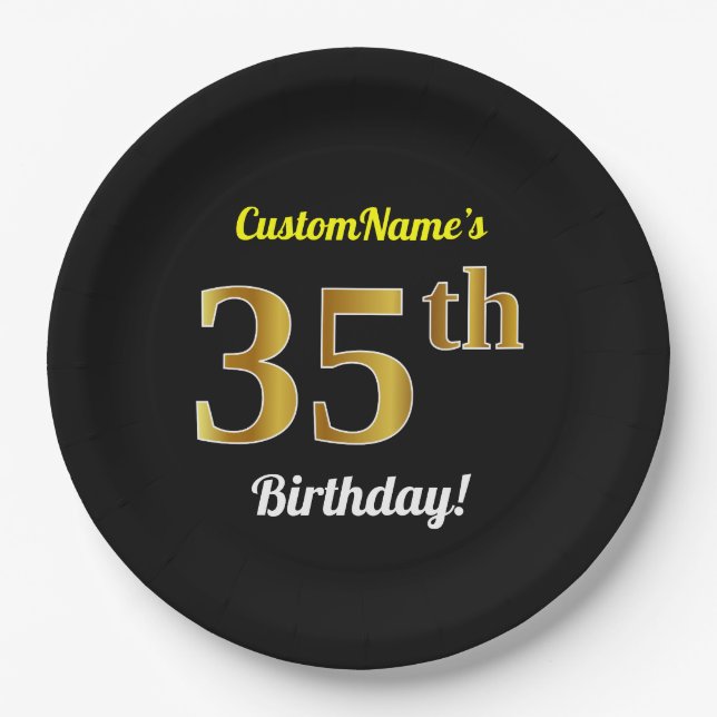 Black, Faux Gold 35th Birthday + Custom Name Paper Plate (Front)