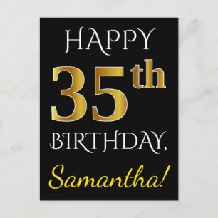 Black, Faux Gold 35th Birthday + Custom Name Postcard