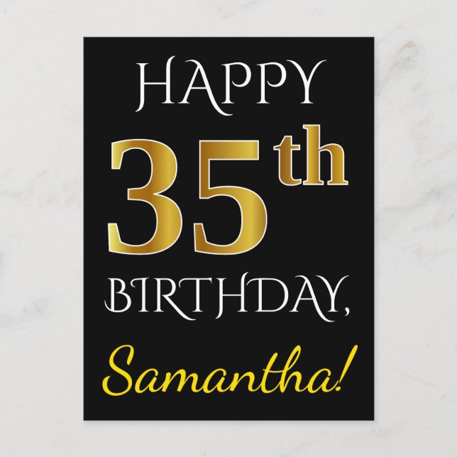 Black, Faux Gold 35th Birthday + Custom Name Postcard (Front)