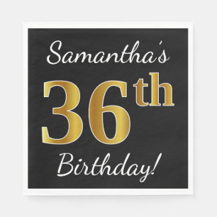 Black, Faux Gold 36th Birthday + Custom Name Napkin