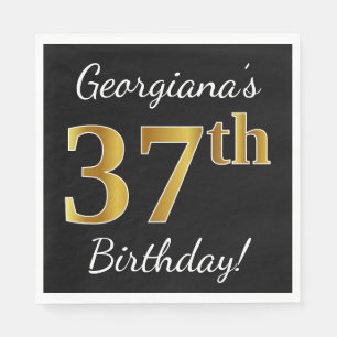 Black, Faux Gold 37th Birthday + Custom Name Napkin