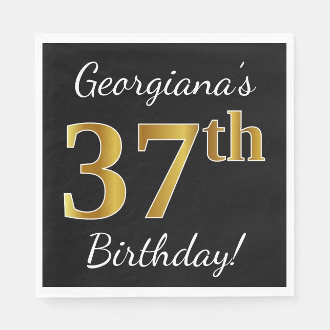 Black, Faux Gold 37th Birthday + Custom Name Napkin (Front)