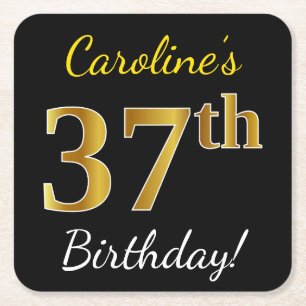 Black, Faux Gold 37th Birthday + Custom Name Square Paper Coaster