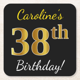 Black, Faux Gold 38th Birthday + Custom Name Square Paper Coaster