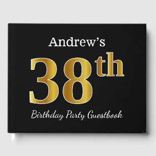 Black, Faux Gold 38th Birthday Party + Custom Name Guest Book