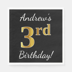 Black, Faux Gold 3rd Birthday + Custom Name Napkin