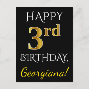 Black, Faux Gold 3rd Birthday + Custom Name Postcard