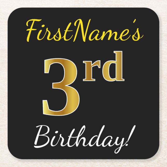 Black, Faux Gold 3rd Birthday + Custom Name Square Paper Coaster (Front)