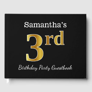Black, Faux Gold 3rd Birthday Party + Custom Name Guest Book
