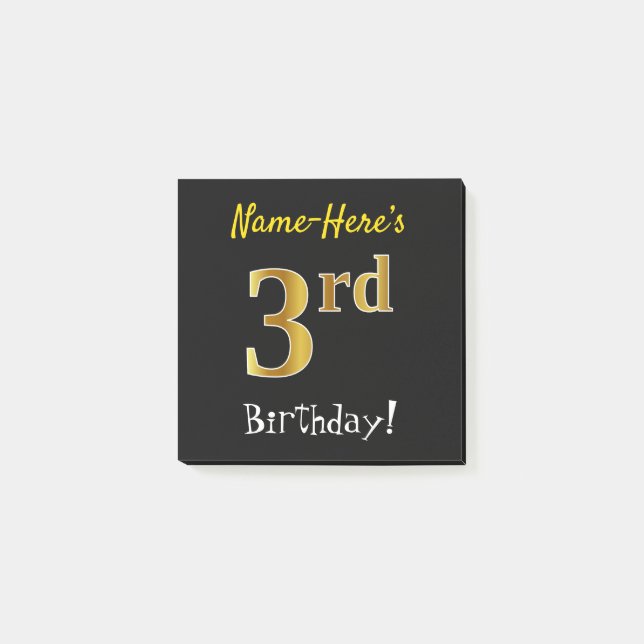 Black, Faux Gold 3rd Birthday, With Custom Name Post-it Notes (Front)
