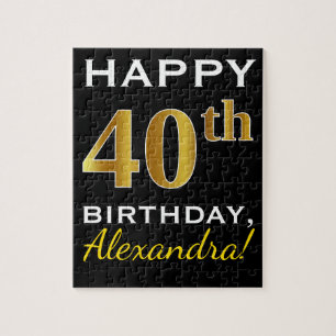 Black, Faux Gold 40th Birthday + Custom Name Jigsaw Puzzle