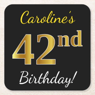 Black, Faux Gold 42nd Birthday + Custom Name Square Paper Coaster
