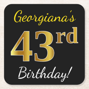 Black, Faux Gold 43rd Birthday + Custom Name Square Paper Coaster