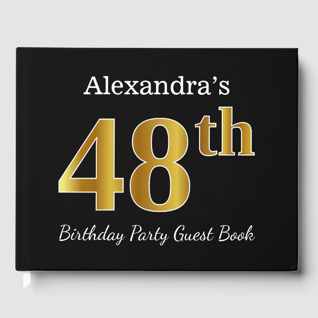 Black, Faux Gold 48th Birthday Party + Custom Name Guest Book (Front)