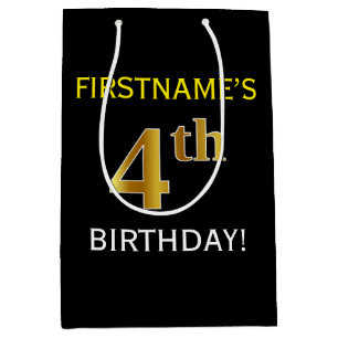 Black, Faux Gold 4th Birthday + Custom Name Medium Gift Bag