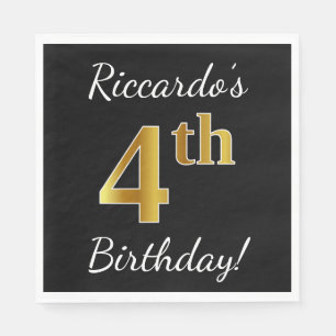 Black, Faux Gold 4th Birthday + Custom Name Napkin