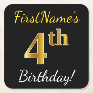 Black, Faux Gold 4th Birthday + Custom Name Square Paper Coaster