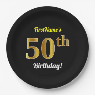Black, Faux Gold 50th Birthday + Custom Name Paper Plate