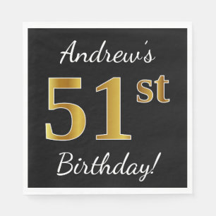 Black, Faux Gold 51st Birthday + Custom Name Napkin