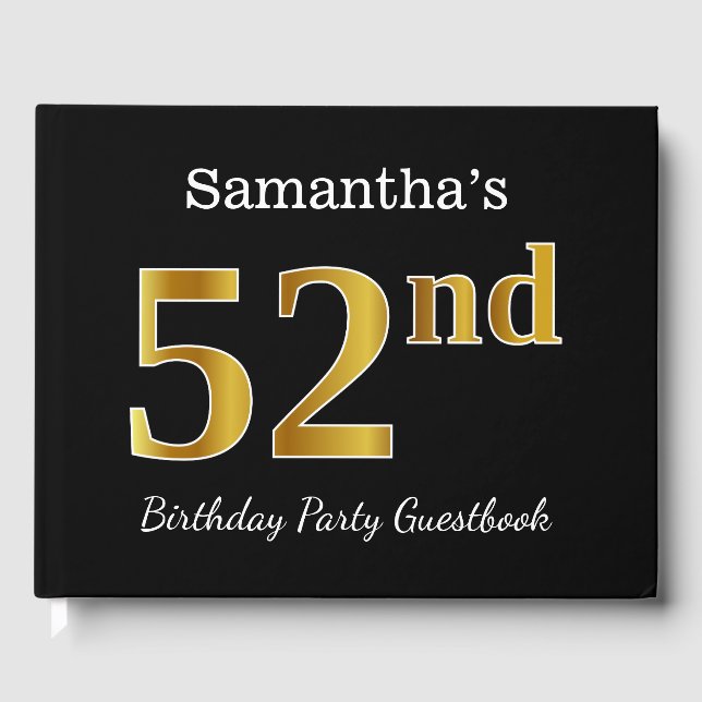Black, Faux Gold 52nd Birthday Party + Custom Name Guest Book (Front)