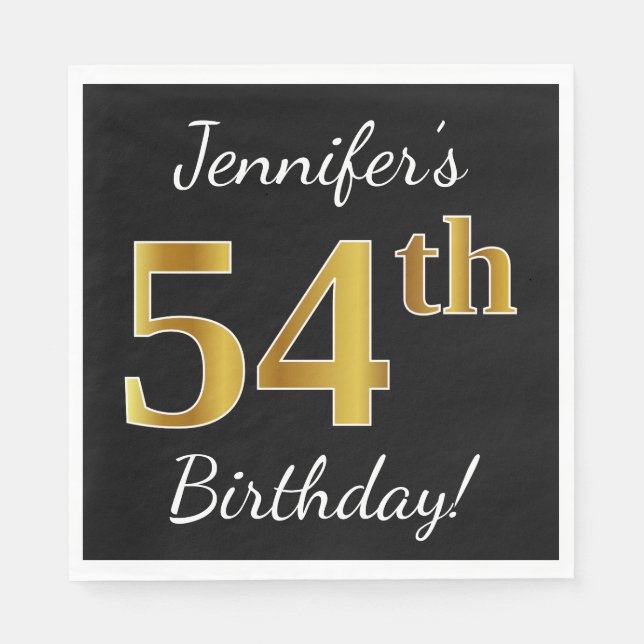 Black, Faux Gold 54th Birthday + Custom Name Napkin (Front)