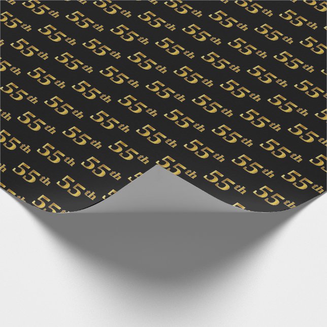 Black, Faux Gold 55th (Fifty-Fifth) Event Wrapping Paper (Corner)
