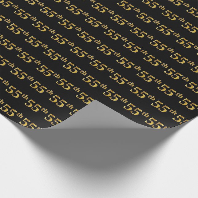 Black, Faux Gold 55th (Fifty-Fifth) Event Wrapping Paper (Corner)