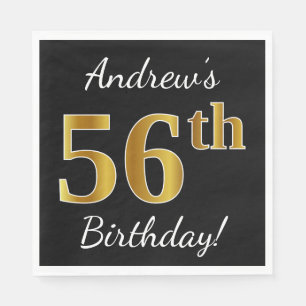 Black, Faux Gold 56th Birthday + Custom Name Napkin