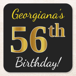 Black, Faux Gold 56th Birthday + Custom Name Square Paper Coaster