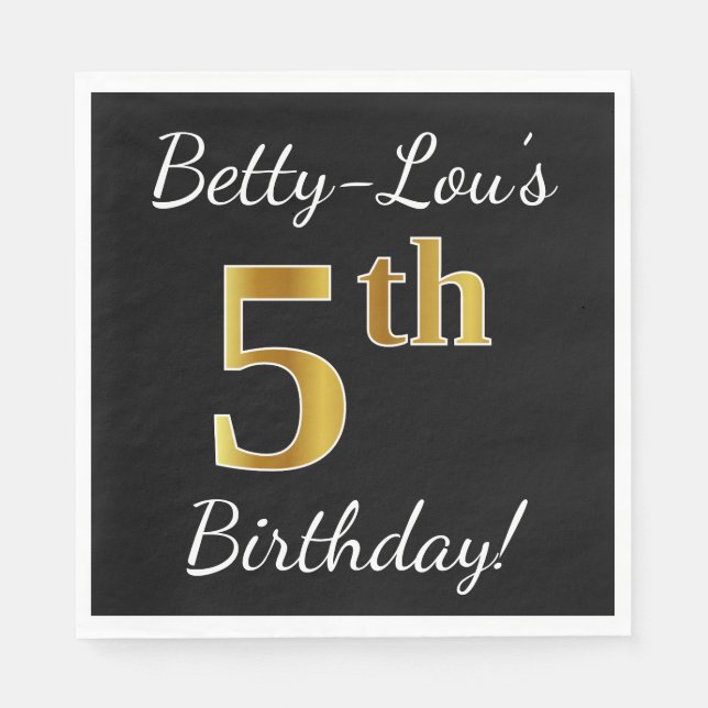 Black, Faux Gold 5th Birthday + Custom Name Napkin (Front)