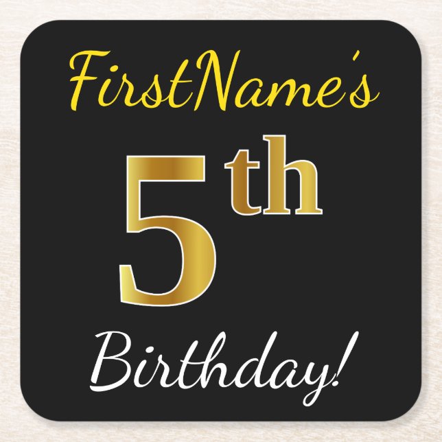 Black, Faux Gold 5th Birthday + Custom Name Square Paper Coaster (Front)