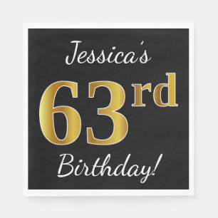 Black, Faux Gold 63rd Birthday + Custom Name Napkin
