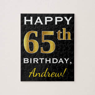 Black, Faux Gold 65th Birthday + Custom Name Jigsaw Puzzle