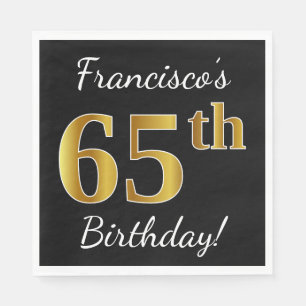 Black, Faux Gold 65th Birthday + Custom Name Napkin